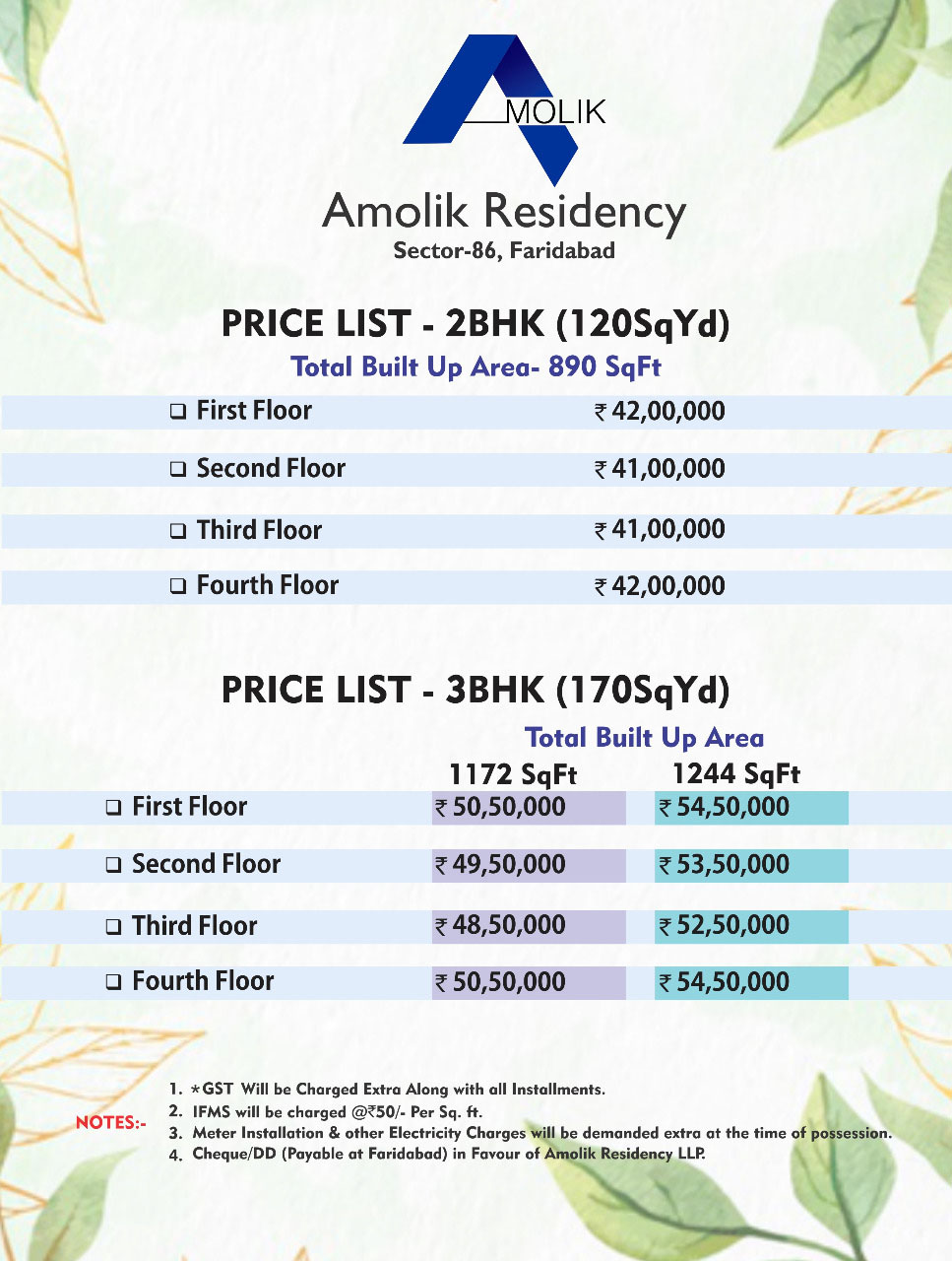 Floor Price List Amolik Residency
